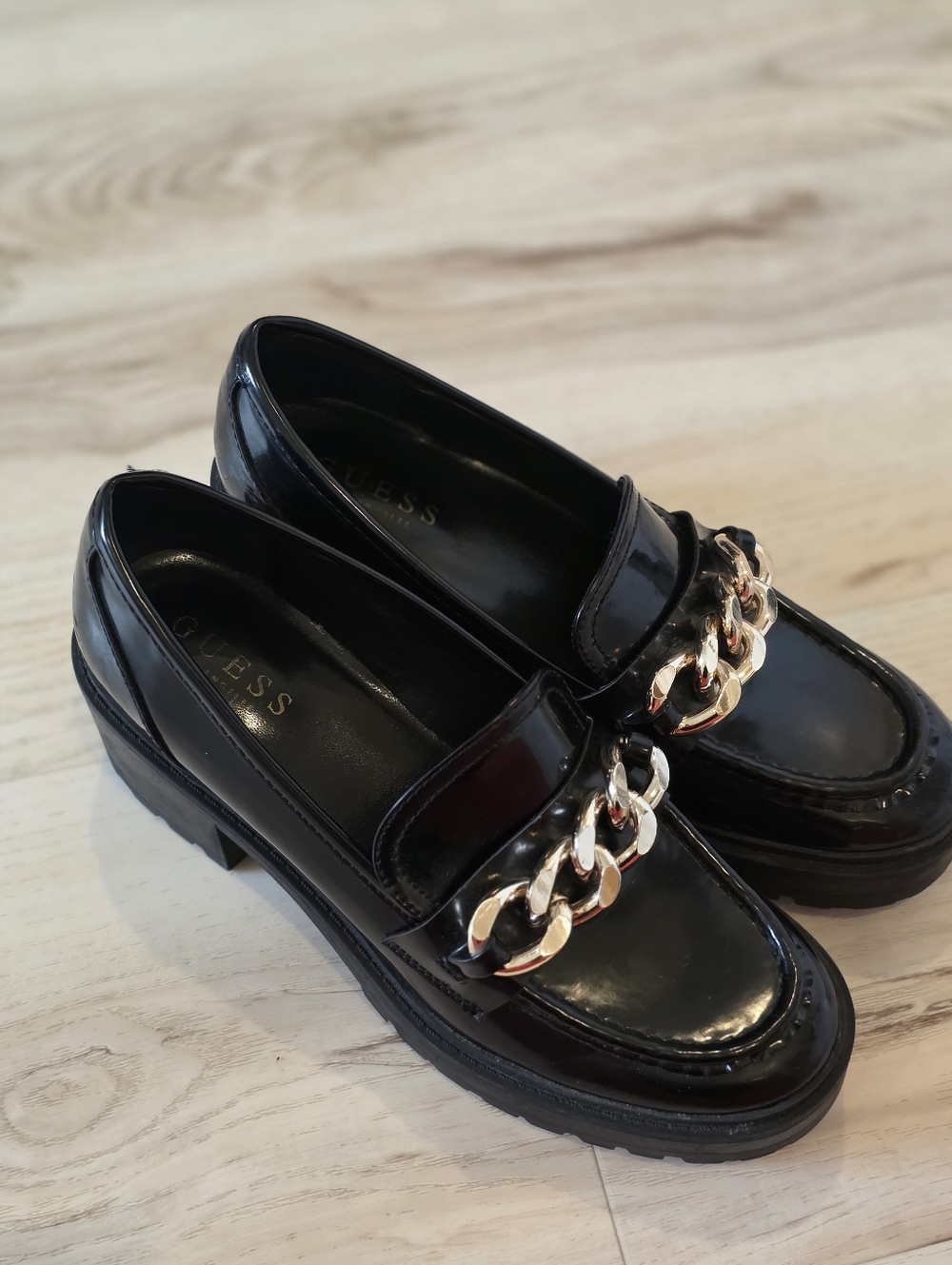 GUESS Hillford Chunky Lug Sole Loafers - Black Patent & Gold Chain 9.5